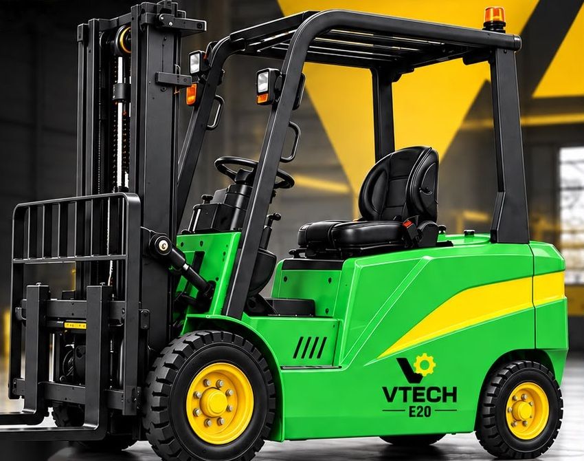 Empilhadeira elétrica VTECH E20, verde com faixa amarela, em fundo cinza de estúdio.
